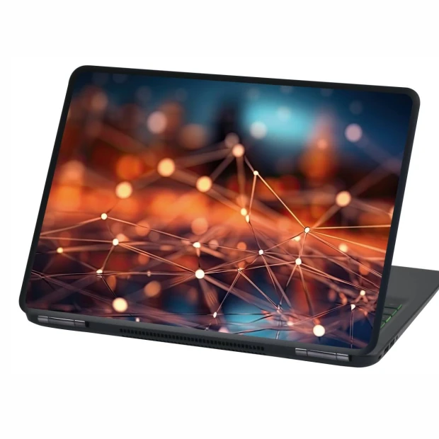 Naklejka na laptopa abstrakcja P528 - Wzór graficzny. Linie i punkty w ciepłych kolorach tworzą sieć na tle