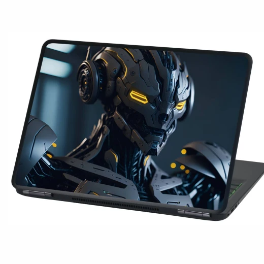 Naklejka na laptopa z ciemnym, futurystycznym motywem cyborga o świecących na żółto oczach