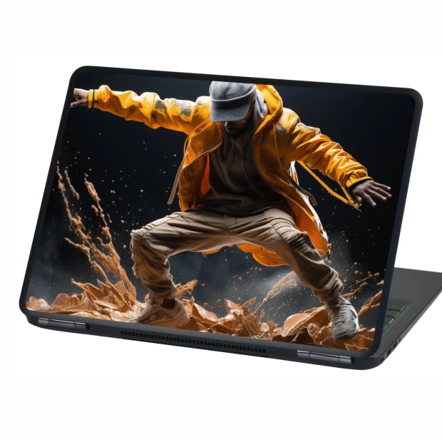 Naklejka na laptopa z dynamicznym motywem tancerza w żółtej kurtce na ciemnym tle, naklejona na klapę urządzenia