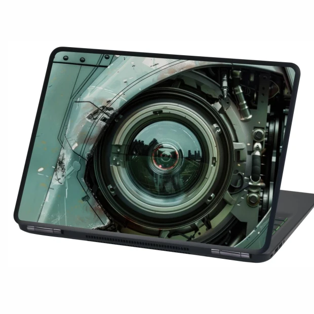 Naklejka na laptopa sensor optyczny P538 - Wzór graficzny. Grafika przedstawia okrągły obiekt z metalicznymi detalami