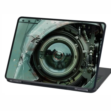 Naklejka na laptopa sensor optyczny P538 - Wzór graficzny. Grafika przedstawia okrągły obiekt z metalicznymi detalami