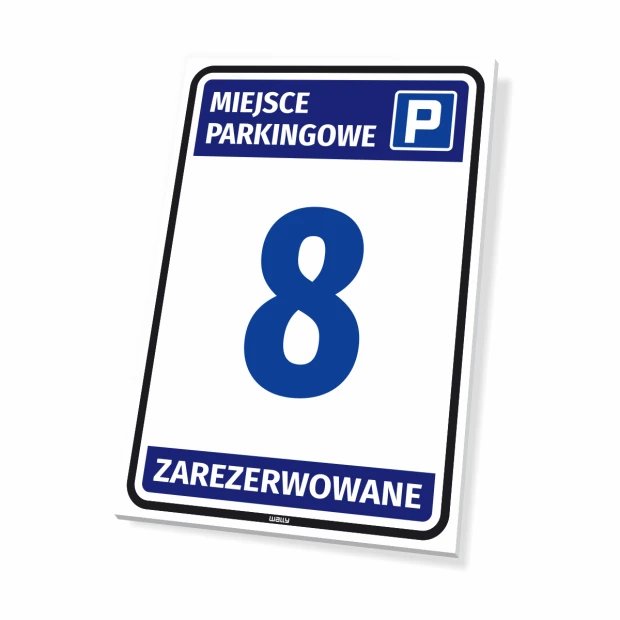 Tabliczka Miejsce parkingowe, zarezerwowane, z oznaczeniem, numerem - Wzór graficzny. Biały prostokąt z niebieskimi napisami
