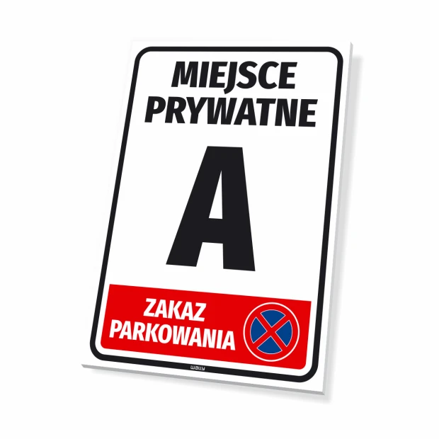 Tabliczka Miejsce prywatne, zakaz parkowania, z numerem, oznaczeniem - Wzór graficzny. Prosty prostokąt z dużymi literami