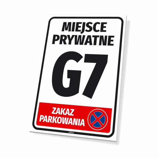Tabliczka Miejsce prywatne, zakaz parkowania, z numerem, oznaczeniem - Wzór graficzny. Biała tabliczka z dużymi czarnymi