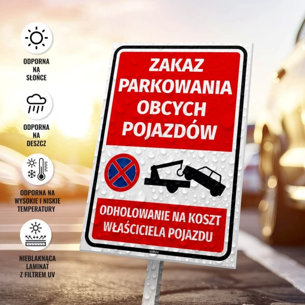Tabliczka Zakaz parkowania obcych pojazdów - Wzór graficzny. Czerwone tło z białym napisem i symbolem zakazu