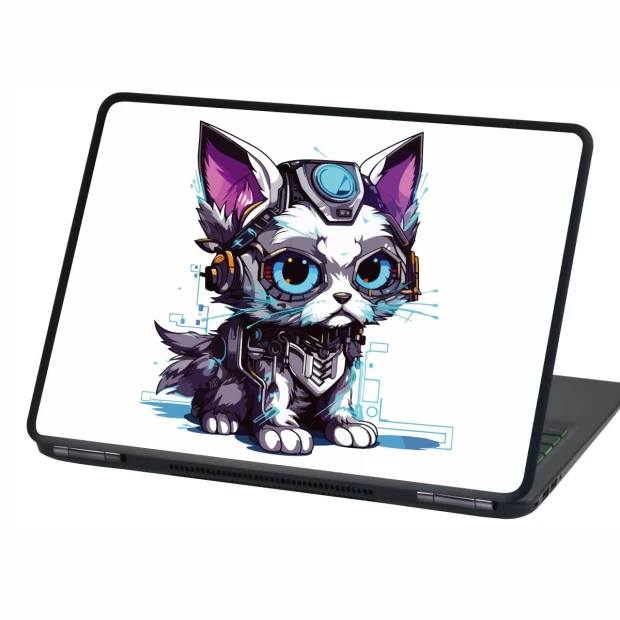 Naklejka na laptopa z motywem cybernetycznego kota w fioletowo-niebieskich barwach na białym tle klapy