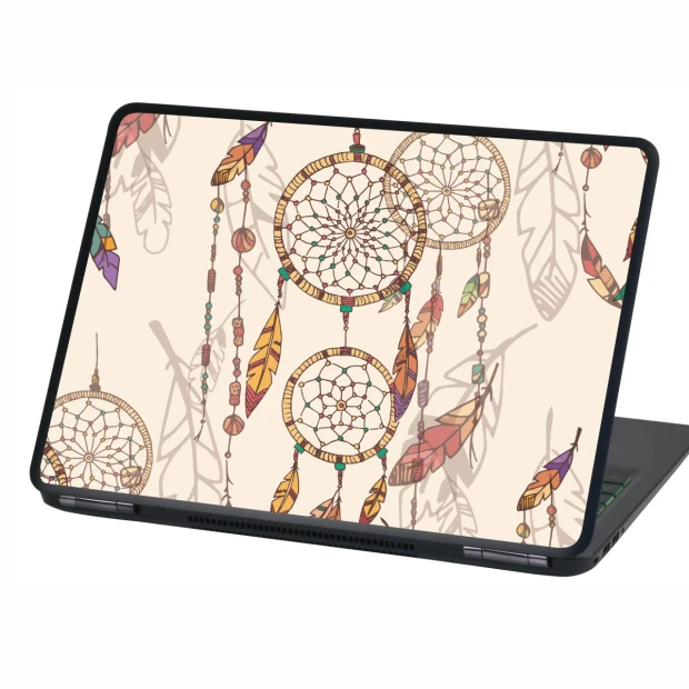 Naklejka na laptopa Dream catcher P543 - Wzór graficzny. Trzy łapacze snów z piórami i koralikami na jasnym tle