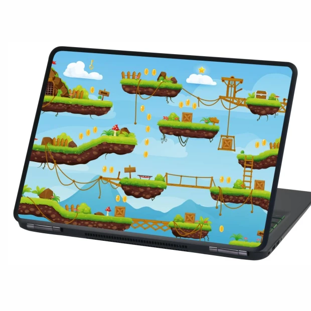 Naklejka na laptopa Gra komputerowa P551 - Wzór graficzny. Grafika przedstawia kolorowe platformy z elementami przyrody