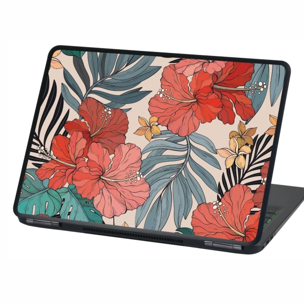 Naklejka na laptopa Kwiaty Hibiscus P547 - Wzór graficzny. Duże, czerwone kwiaty hibiskusa na jasnym tle z zielonymi liśćmi