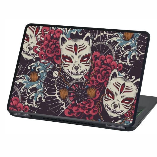 Naklejka na laptopa z motywem japońskich masek kitsune, kwiatów i fal w ciemnej, czerwono-niebieskiej kolorystyce