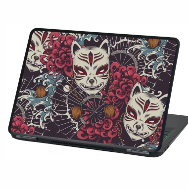 Naklejka na laptopa Orientalne maski P545 - Wzór graficzny. Grafika przedstawia maski, fale, kwiaty i koła