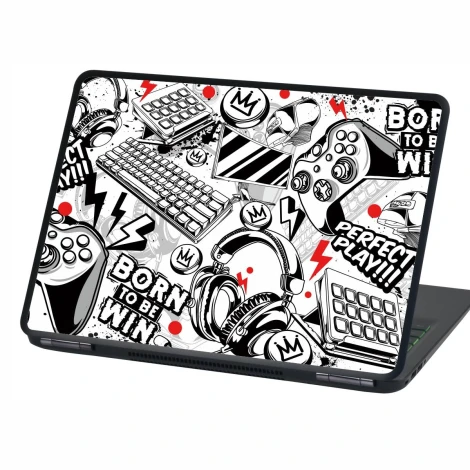 Naklejka na laptopa Perfect Play P550 - Wzór graficzny. Grafika przedstawia elementy związane z grami, takie jak kontrolery