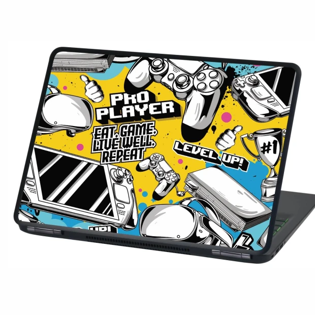 Naklejka na laptopa Pro player P546 - Wzór graficzny. Grafika przedstawia kontrolery gier, trofea i napisy na tle w kolorach