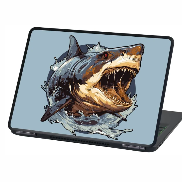 Naklejka na laptopa Rekin P553 - Wzór graficzny. Rekin z otwartą paszczą w wodzie na niebieskim tle