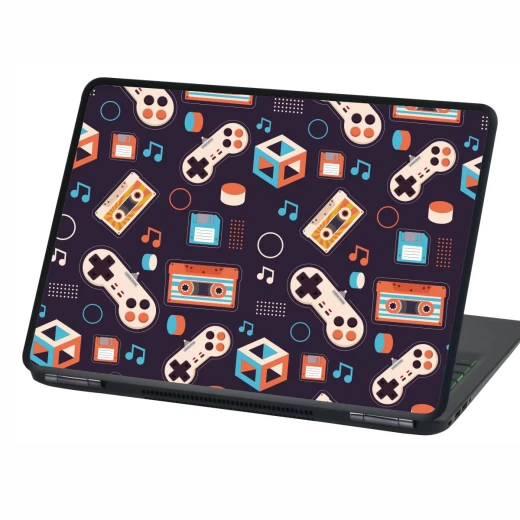 Naklejka na laptopa z kolorowym wzorem retro przedstawiającym pady do gry, kasety i dyskietki na ciemnym tle