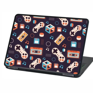 Naklejka na laptopa Retro patern P548 - Wzór graficzny. Motyw zawiera kontrolery gier, kasety, kostki i nuty na ciemnym tle