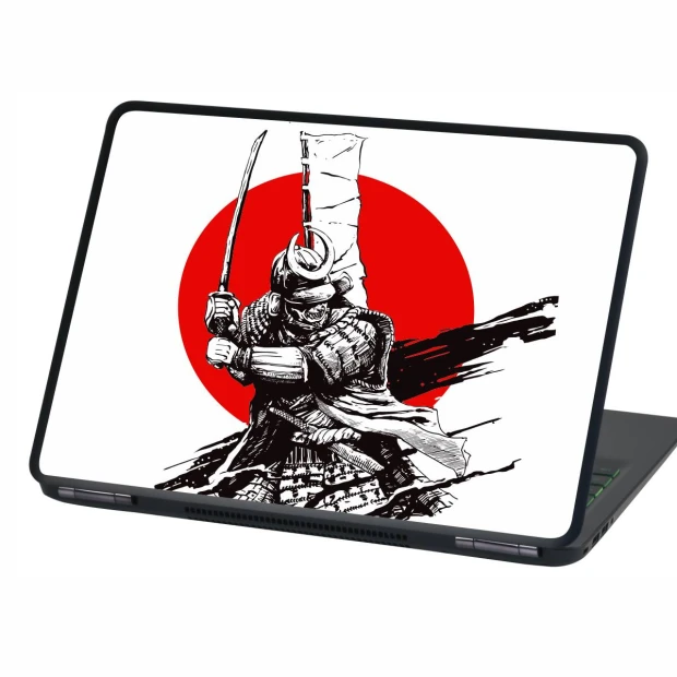 Naklejka na laptopa Samuraj P552 - Wzór graficzny. Postać samuraja z mieczem na tle czerwonego okręgu
