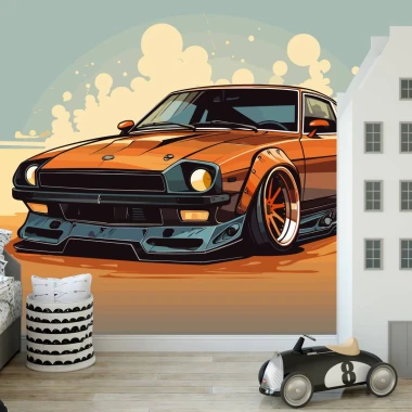 Tapeta do pokoju chłopięcego Auto sportowe 0509 - Wzór graficzny. Samochód sportowy na tle chmur i piasku