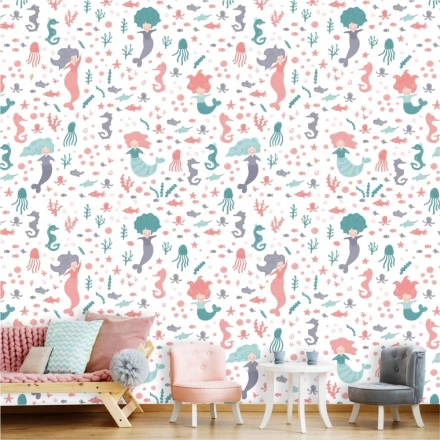Tapeta do pokoju dziecięcego Syrenki, koniki morskie 0506