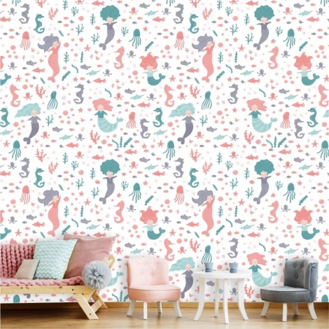 Tapeta do pokoju dziecięcego Syrenki, koniki morskie 0506 - Wzór graficzny. Syrenki, koniki morskie, meduzy i rośliny