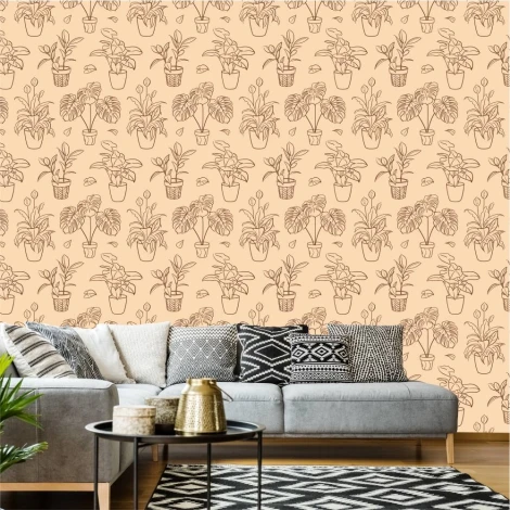 Tapeta na ścianę Fikus 0514 - Aranżacja w salonie. Ściany w jasnym kolorze, meble w odcieniach szarości