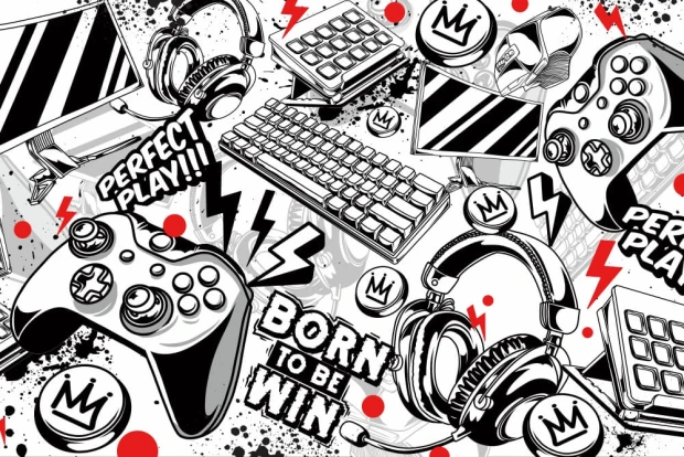 Tapeta na ścianę Perfect play 0508 - Wzór graficzny. Grafika przedstawia kontrolery, słuchawki, klawiatury i napisy w stylu