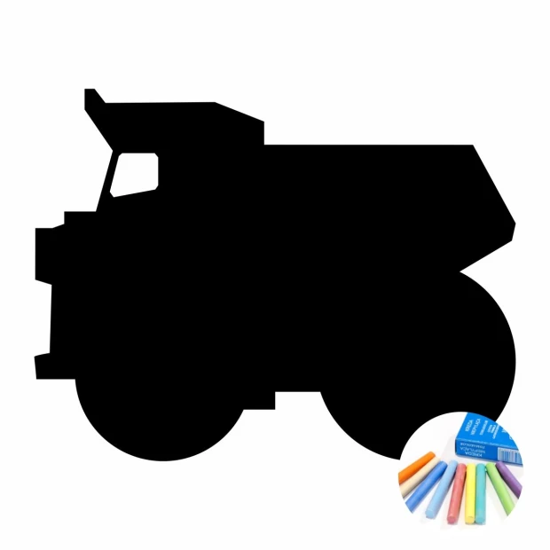 Naklejka kredowa dla chłopca Wywrotka 418 - Wzór graficzny. Silhouette wywrotki w kolorze czarnym z kolorowymi kredami obok
