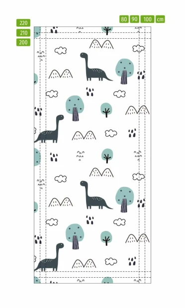 Okleina na drzwi z dinozaurami w formie infografiki z zaznaczonymi liniami docięcia do wymiaru