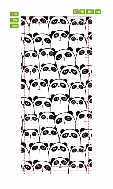 Okleina na drzwi z nadrukiem w misie panda, przedstawiona jako infografika z liniami pomocniczymi wymiarów
