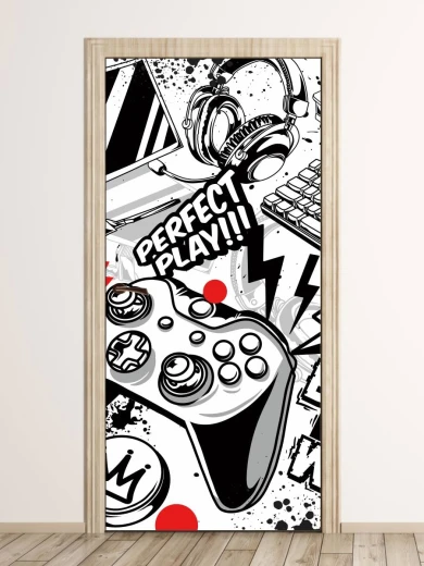 Okleina na drzwi z komiksowym motywem dla gracza przedstawiającym pad, słuchawki i napis Perfect Play