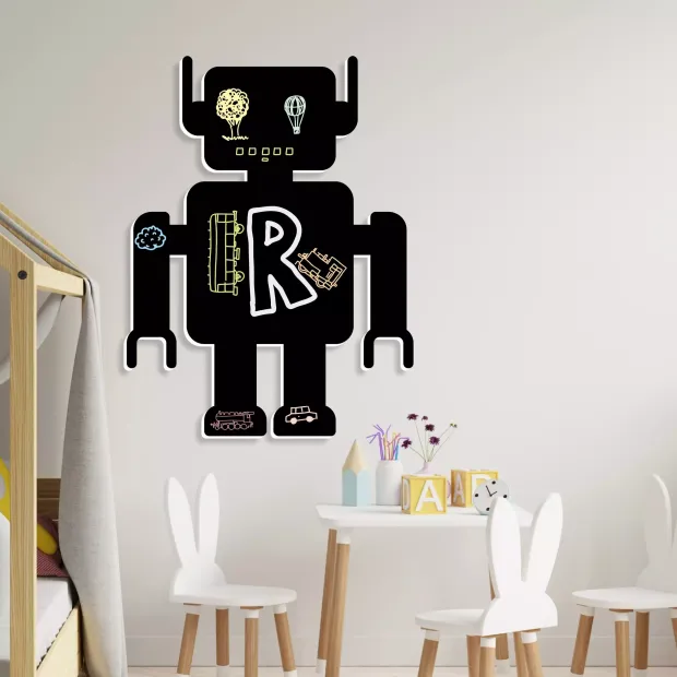 Tablica magnetyczna, kredowa Robot 416 - Wzór graficzny. Czarny robot z rysunkami i literami na białym tle