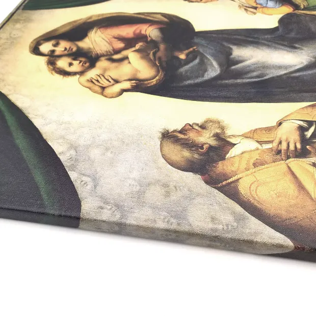 Reprodukcja obrazu Sistine Madonna Rafaela Santiego ukazana z bliska pod kątem, prezentująca strukturę płótna