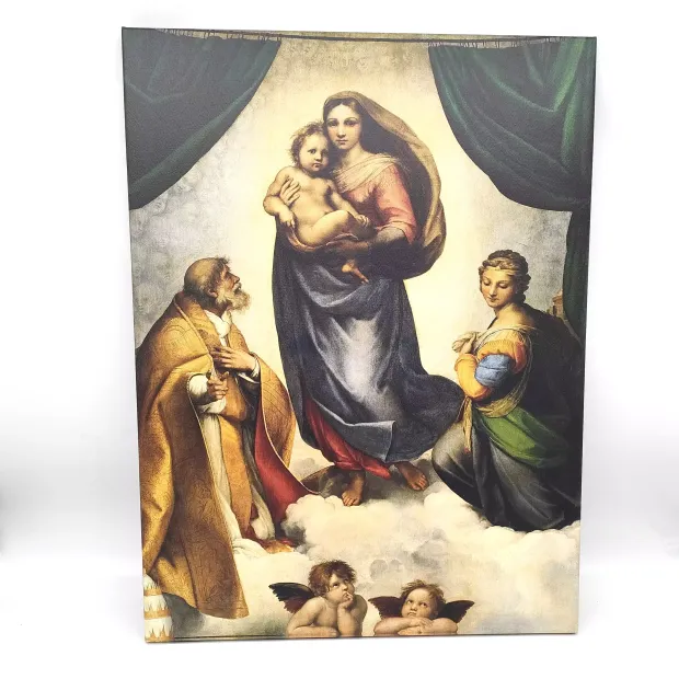 Reprodukcja obrazu Sistine Madonna Rafaela Santiego jako gotowy, stojący pionowo obraz na jasnym tle
