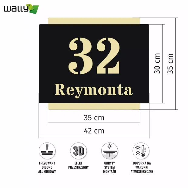 Infografika prezentująca wymiary oraz najważniejsze cechy użytkowe czarno-złotej tabliczki adresowej z dibondu
