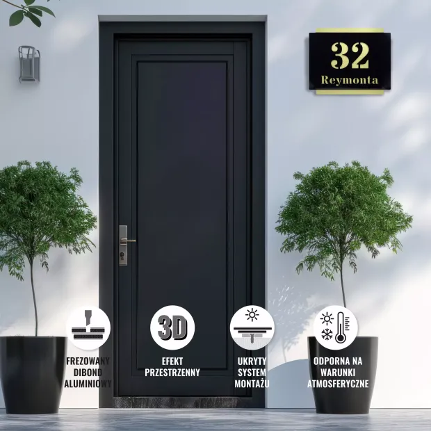 Tabliczka adresowa z dibondu na elewacji przy drzwiach, z ikonami opisującymi cechy produktu