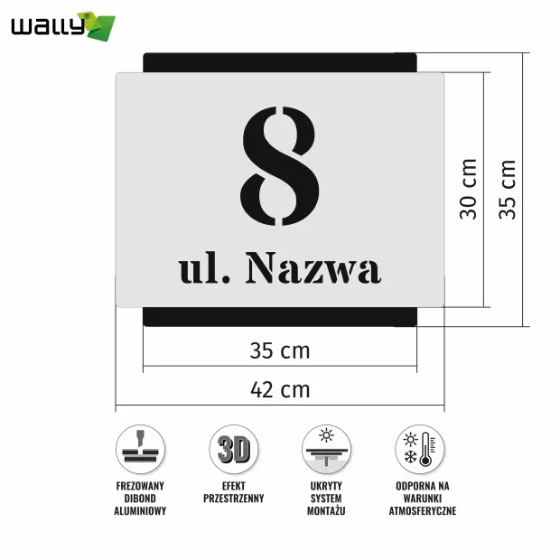 Infografika przedstawiająca wymiary tabliczki adresowej z dibondu oraz ikony z opisem jej najważniejszych cech