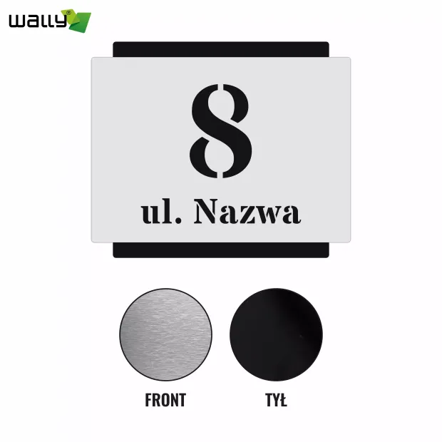 Porównanie materiałów frontu i tyłu tabliczki adresowej z dibondu, z polem na numer domu i nazwę ulicy
