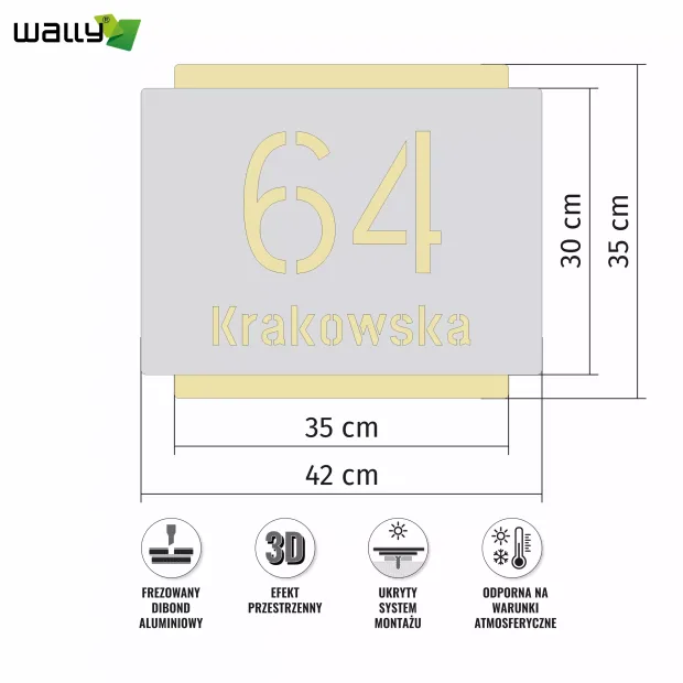 Infografika techniczna tabliczki adresowej z dibondu z podanymi wymiarami oraz ikonami opisującymi jej cechy