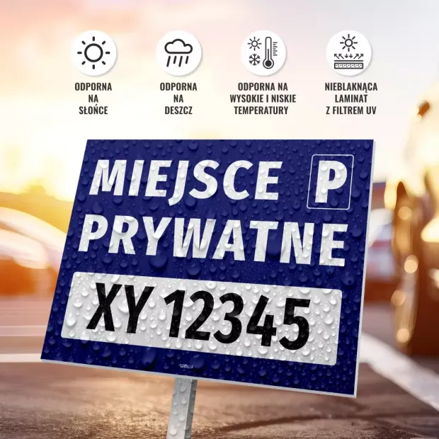 Tabliczka Miejsce prywatne, z polem na nr rejestracyjny pojazdu - Wzór graficzny. Niebieskie tło z białym napisem i symbolem
