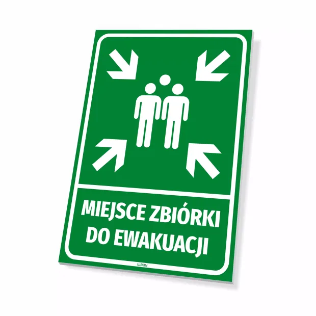 Tabliczka Miejsce zbiórki do ewakuacji - Wzór graficzny. Zielone tło z białymi strzałkami i ikoną dwóch postaci