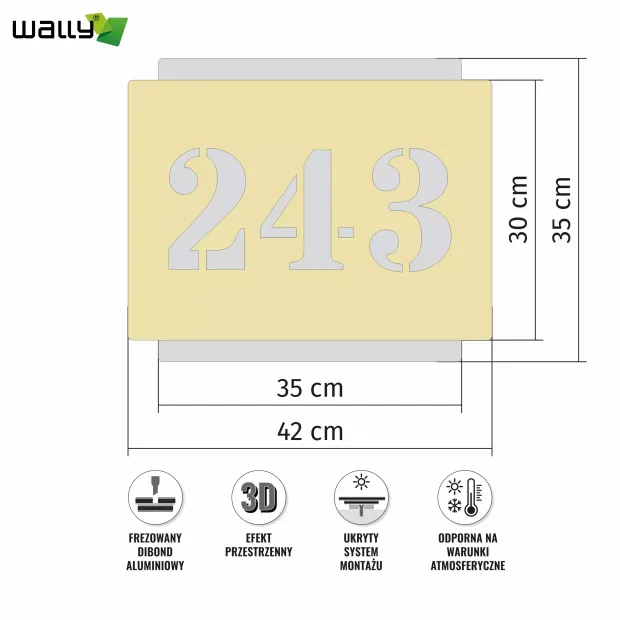 Infografika prezentująca wymiary i cechy techniczne złoto-srebrnej tabliczki adresowej z dibondu na białym tle