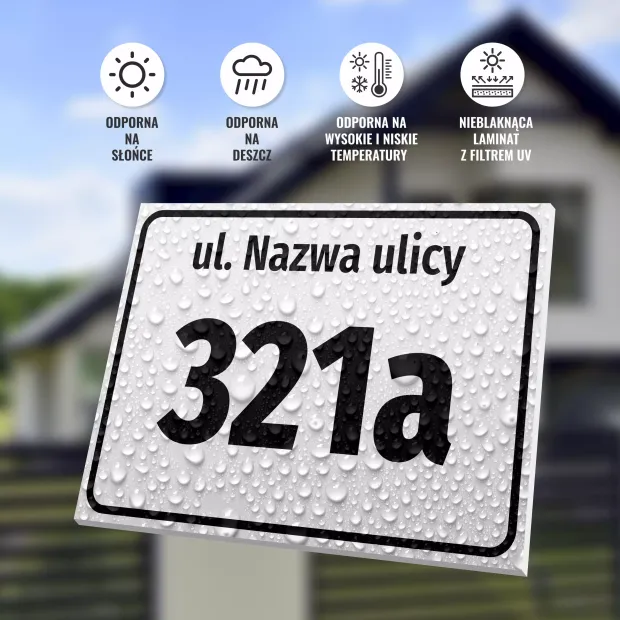 Tabliczka Ulica i numer domu - Wzór graficzny. Prosta forma, duże cyfry, tekst na białym tle z kroplami wody