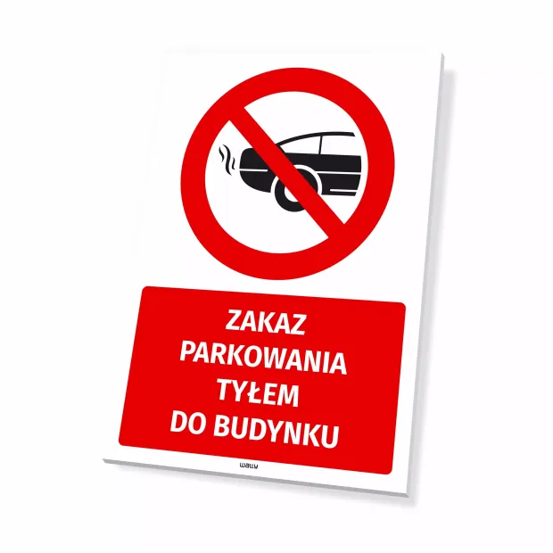 Tabliczka Zakaz parkowania tyłem do budynku - Wzór graficzny. Czerwony okrąg z przekreśloną sylwetką samochodu na białym