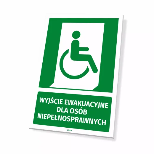 Zielona tabliczka ewakuacyjna z piktogramem wózka i napisem Wyjście ewakuacyjne dla osób niepełnosprawnych