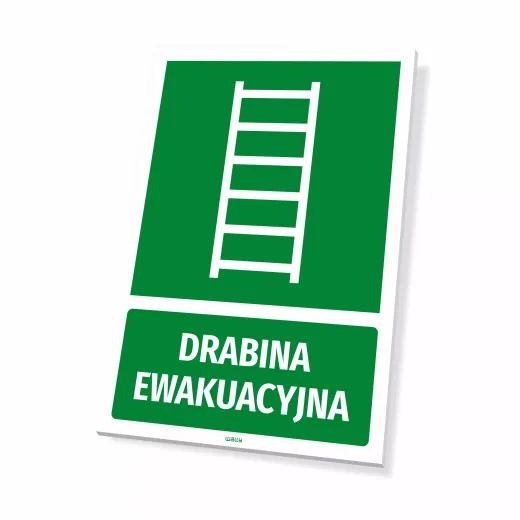 Zielona tabliczka BHP z białym piktogramem i napisem DRABINA EWAKUACYJNA, pokazana jako fizyczny produkt