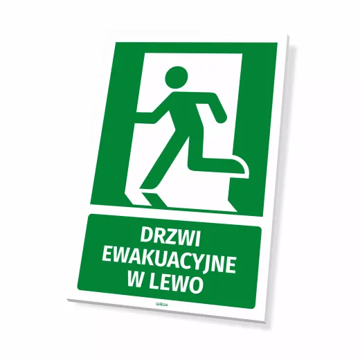 Zielona tabliczka BHP na drzwi i ścianę z piktogramem ewakuacji oraz napisem DRZWI EWAKUACYJNE W LEWO