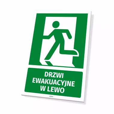 Tabliczka informacyjna: Drzwi ewakuacyjne w lewo - Wzór graficzny. Zielony piktogram postaci biegnącej w kierunku drzwi