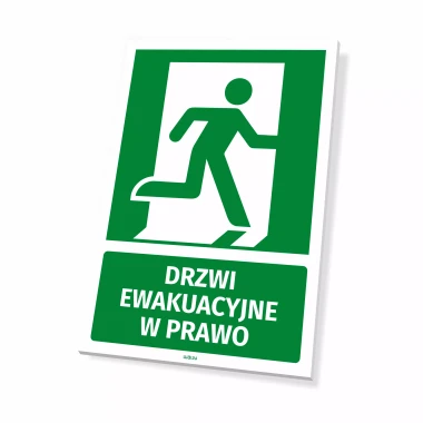 Tabliczka informacyjna: Drzwi ewakuacyjne w prawo - Wzór graficzny. Zielona tabliczka z białym piktogramem postaci biegnącej