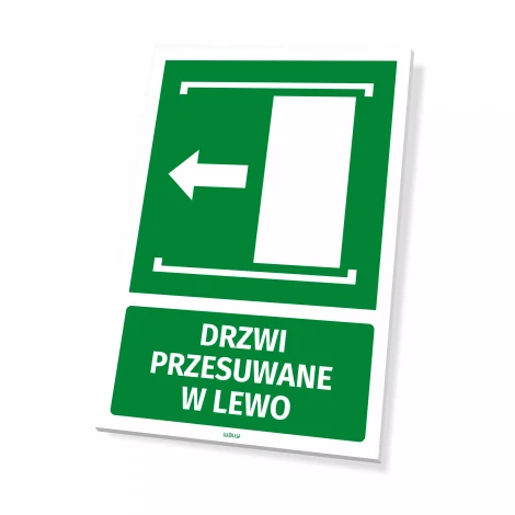 Tabliczka informacyjna: Drzwi przesuwane w lewo - Wzór graficzny. Zielone tło z białą strzałką i prostokątem