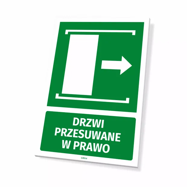 Tabliczka informacyjna: Drzwi przesuwane w prawo - Wzór graficzny. Zielona tło z białą strzałką i prostokątem